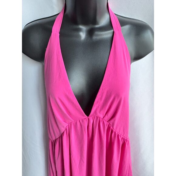 Maxi Magenta Hot Pink Halter Neck Dress Size M Barbiecore Feminine Open Back - Picture 2 of 10